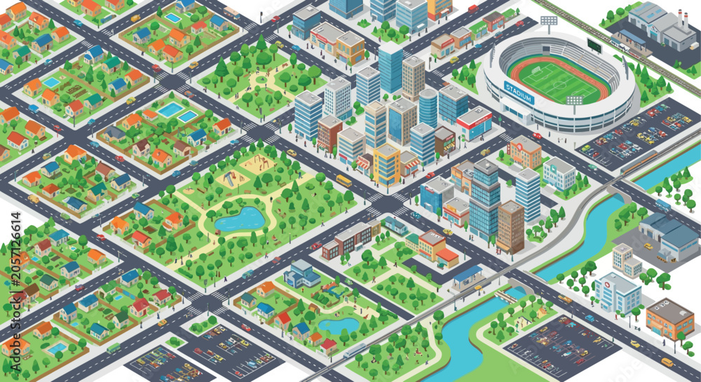 Fototapeta premium Isometric Cityscape Illustration With Stadium And Park Elements
