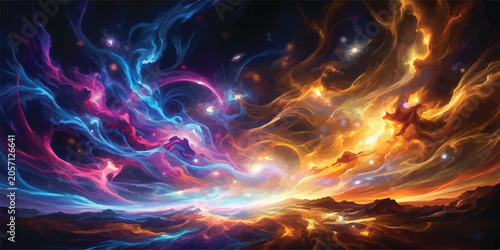 Canvas Print Blue and orange celestial nebula clouds in deep space with science fiction unive