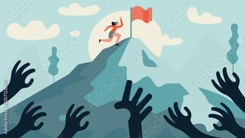 Foto A Running Person Climbing A Mountain With Reaching Hands Vector Illustration