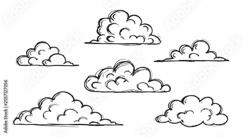 Seven cloud formations sketched in black ink on a white background