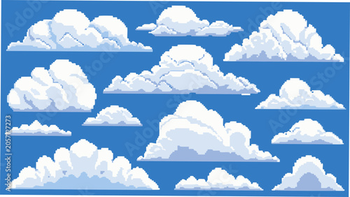 Collection of white pixelated clouds against a bright blue background illustration