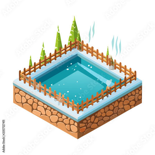 Fotografie Isometric luxury backyard swimming pool facility enclosed with timber fencing an