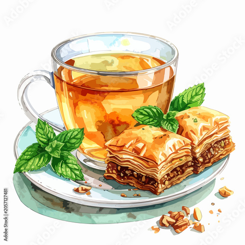 Hot herbal tea with sweet baklava and fresh mint leaves.