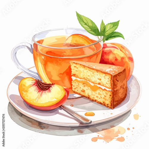Refreshing Peach Tea and Cake Slice on a Plate.