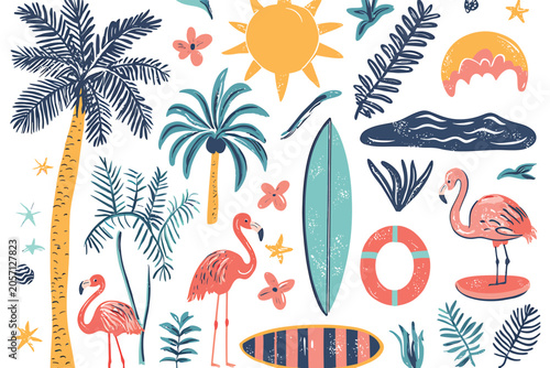 Tropical Summer Beach Elements Collection With Flamingos Surfboards And Vacation Icons Vector Illustration.