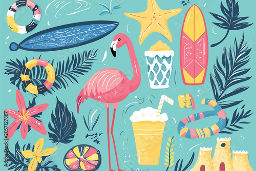 Vibrant Summer Beach Vacation Elements Collection For Seasonal Design Projects Vector Illustration.