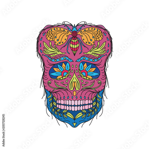 Colorful Sugar Skull with Butterfly and Floral Ornament Mexican Day of the Dead Inspired Folk Art Illustration