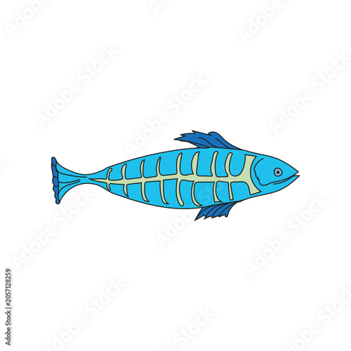 Elegant Stylized Blue Fish Skeleton Illustration in Folk Art Style Isolated on Light Background Vector Marine Animal Design