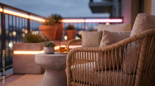 Luxurious Rooftop Lounge with Rattan Furniture at Dusk