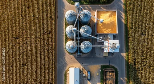 Obraz Aerial View of an Industrial Corn Drying and Storage Facility Amidst Agricultural Fields