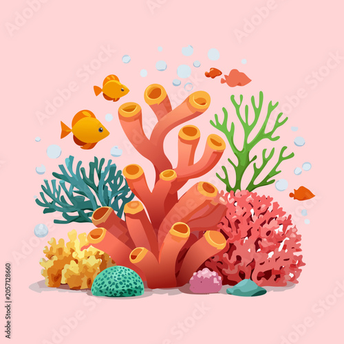 Tableau sur toile Colorful marine illustration of an underwater coral reef teeming with orange sea