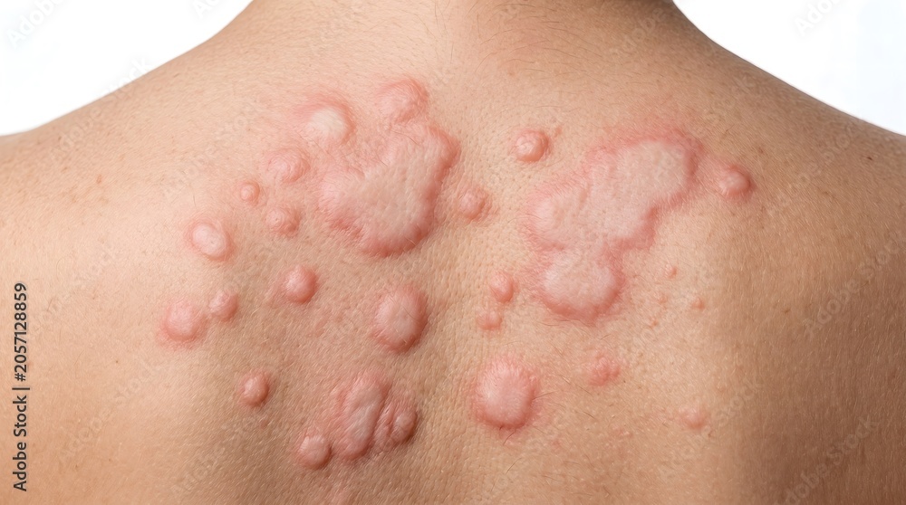 Fototapeta premium Close up of Human Back with Allergic Reaction Hives and Skin Welts