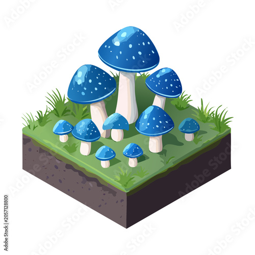 Fotografia Isometric group of magical blue mushrooms growing on dark fertile soil for fanta