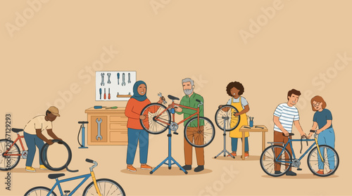 Diverse Group Collaborating in Community Bike Repair Workshop