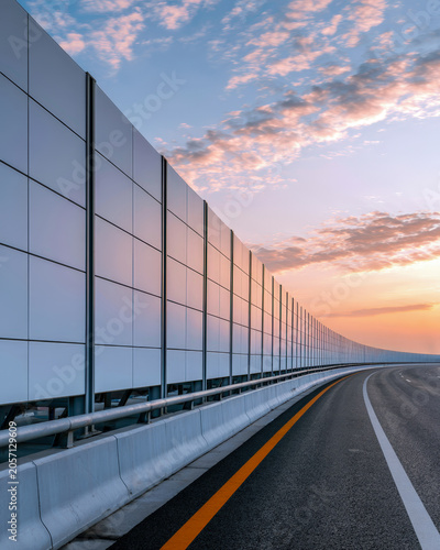Modern Highway Noise Barrier Panels Along Empty Road At Sunset