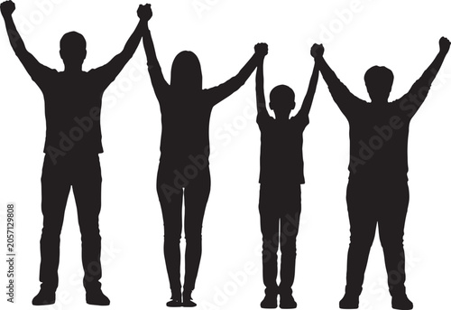 A family of four stands together with raised arms in celebration.
