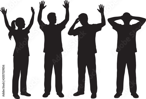People silhouettes showing diverse emotional reactions. Black figures of men and a woman celebrating with raised hands feeling frustrated and relaxing. Professional vector art.