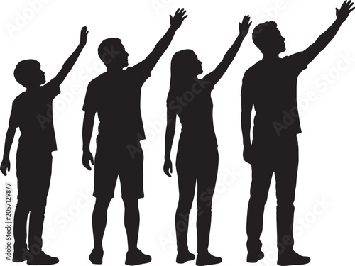 Four people standing and waving their hands in the air with silhouettes.