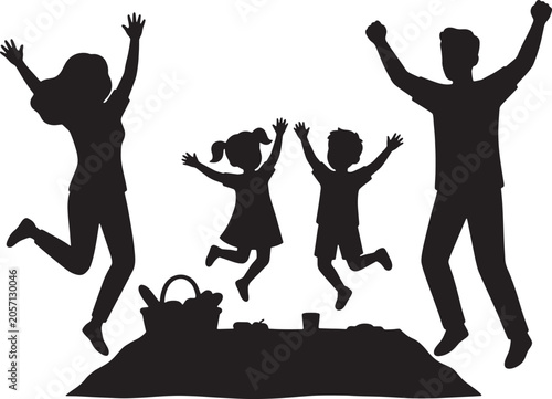 Family of four jumping happily on a sandy beach with picnic basket