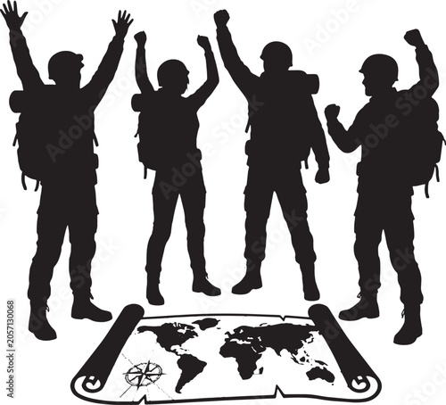 Four hikers celebrate with raised arms standing on a map