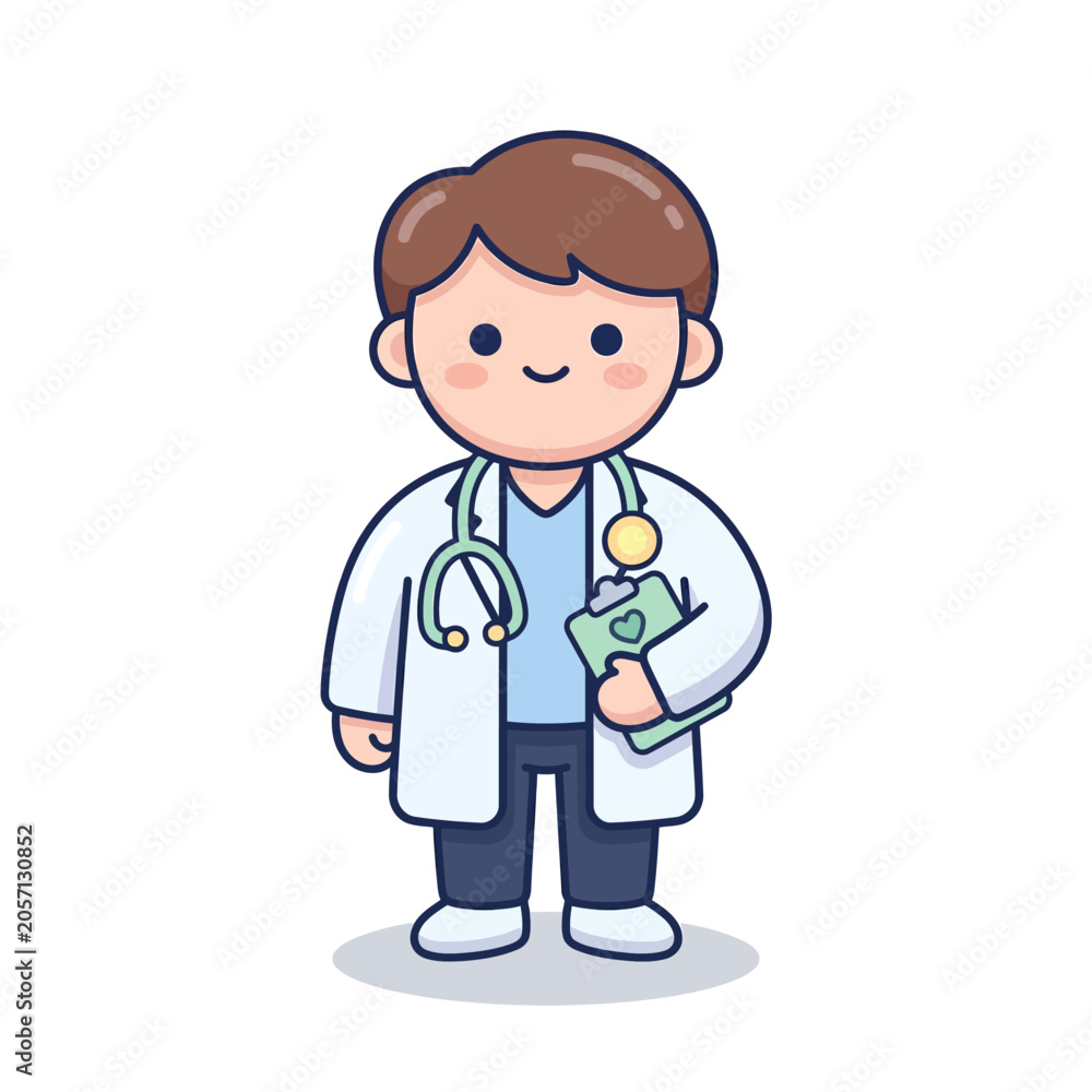 Fototapeta premium Cartoon doctor with stethoscope and clipboard.