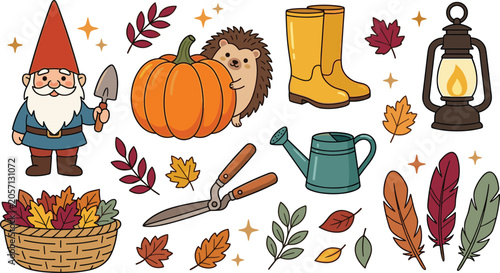 Cozy Autumn Garden Vector Sticker Set Featuring Cute Gnome, Hedgehog with Pumpkin, Rain Boots, Lantern, Watering Can, and Fall Leaves Basket