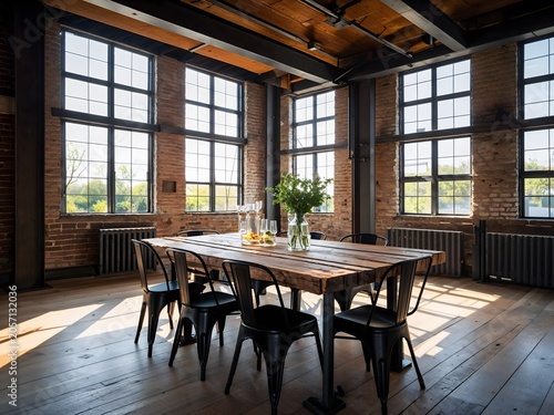 Industrial Loft Interior with Large Wooden Table and Brick Walls