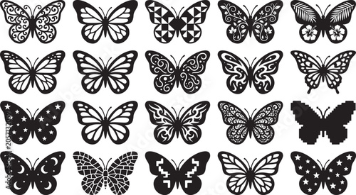 Large variety of winged insect icons including geometric poly wireframe solid shapes and ornate filigree patterns suitable for craft projects and logo branding.