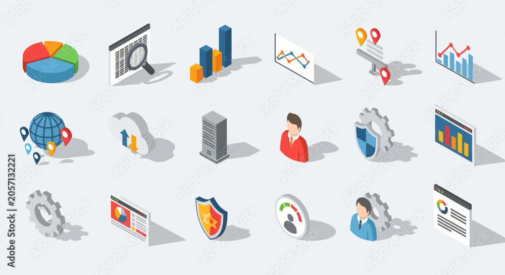 Fototapeta premium Isometric Icons Representing Data Analysis and Business Concepts.
