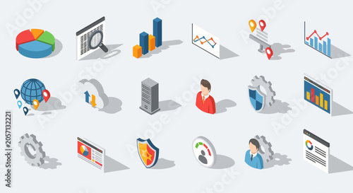 Isometric Icons Representing Data Analysis and Business Concepts.