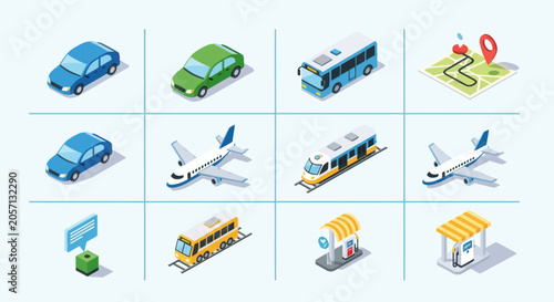 Collection of isometric transportation icons and elements.