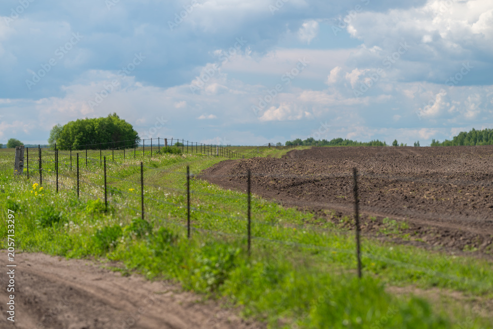Obraz premium Rural plowed field beside dirt road under partly cloudy sky