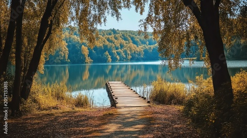 A Serene Wooden Dock Leading to a Peaceful Lakeside Retreat Framed by Autumnal Foliage