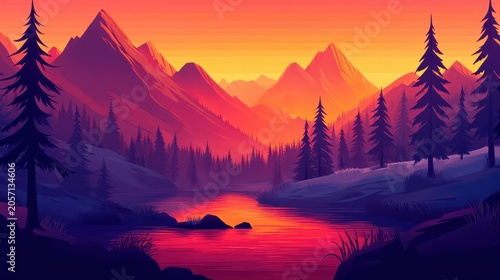 Breathtaking mountain landscape at sunset with vibrant sky and tranquil river reflection.