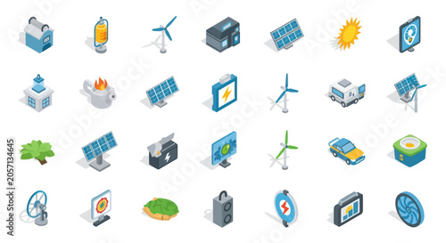 Collection of isometric icons representing renewable energy sources and technology.