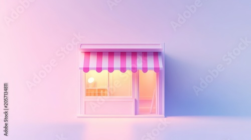 Charming pink and white striped storefront with a warmly glowing interior, an inviting retail space