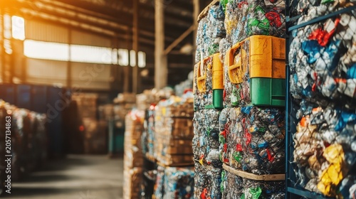 Compressed plastic waste bales stacked in a recycling processing facility under bright daylight