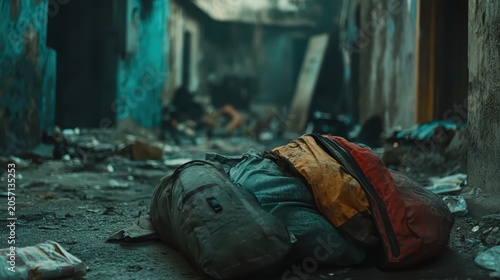 Discarded personal belongings lie on the dirty ground near an abandoned building, symbolizing poverty and hardship.