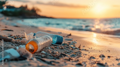 Discarded plastic bottles littering a serene beach shoreline during sunset