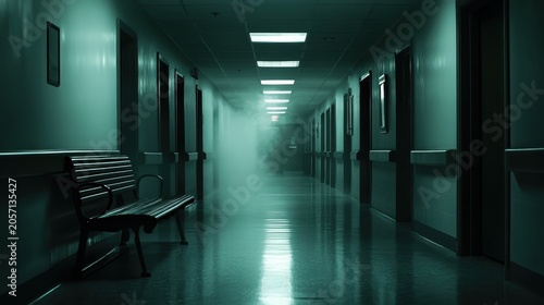 Eerie hospital hallway with dramatic haze and bench, conveying a sense of mystery and illness