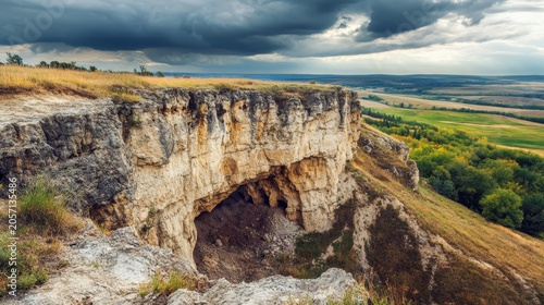 Dramatic eroded cliff face with dry, parched soil under an overcast sky in a rural landscape