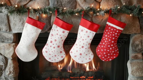 Festive Christmas stockings with red and white designs hanging above a glowing stone fireplace, evoking warmth and holiday spirit.