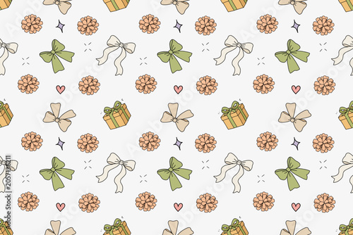 Elegant seamless pattern with bows, gift boxes, flowers and hearts in soft pastel colors. Hand drawn feminine background for wrapping paper, fabric, stationery and celebration design.