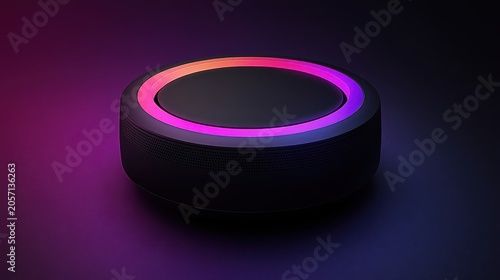 Futuristic smart speaker with holographic effects and dynamic lighting on a dark, high-tech background, representing digital privacy and innovation.
