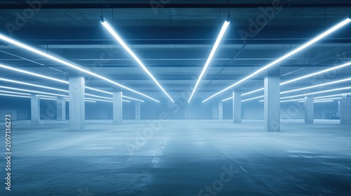 Excessive Bright Fluorescent Lighting Illuminating an Empty, Modern Urban Parking Garage Space