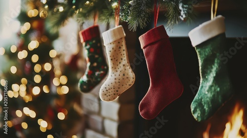 Festive Christmas stockings hang above a warm, roaring fireplace with soft bokeh lights, creating a cozy holiday atmosphere.