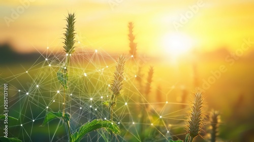 Golden Sunset Over a Connected Agricultural Field Showcasing Smart Farming Technology and Networked Growth
