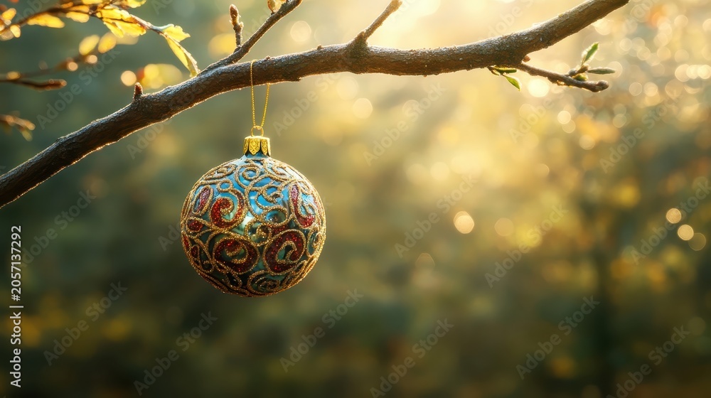 Obraz premium Intricately designed Christmas ornament hanging from a tree branch with soft, glittering bokeh light