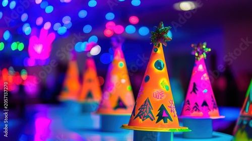 Festive party hats decorated with Christmas trees and stars for a vibrant holiday celebration