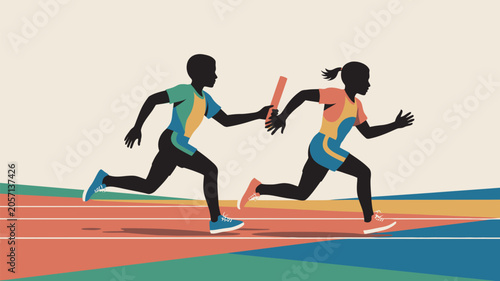 Athletes Passing Baton on Track During Relay Race, Stylized Silhouette